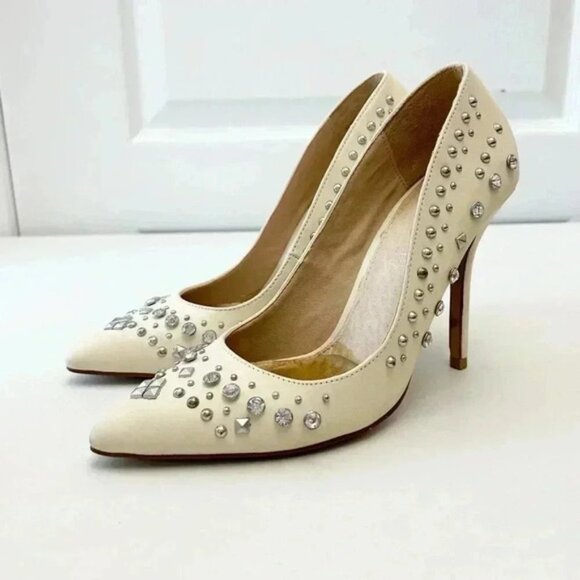 Aldo Cream Leather Pumps Pointed Toe High Heel Rhinestone Studded Stiletto 7.5 - Picture 5 of 16